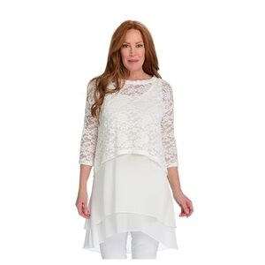 Women’s Kate & Mallory Kate Lace & Chiffon White‎ 3/4 Sleeve Triple Layer Tunic